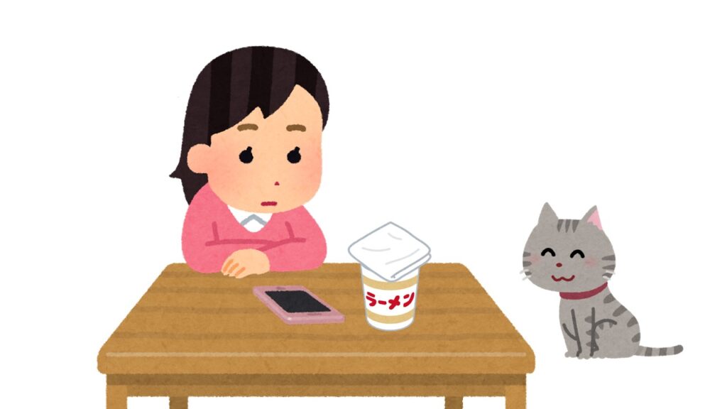 カップ麺の前でじっと待つ女性