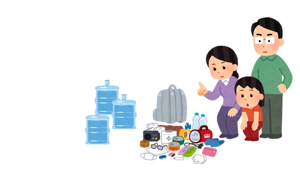 避難用品を確認する家族